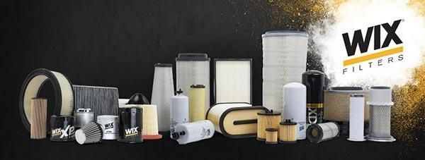 Productos WIX FILTER dispuestos en fila sobre un fondo gris, con el logotipo a la derecha.