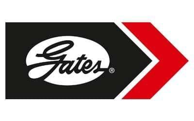 Logotipo de Gates en negro y rojo con texto blanco dentro de una forma de flecha que apunta hacia la derecha.