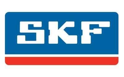 Logotipo de SKF en blanco sobre azul con subrayado rojo.