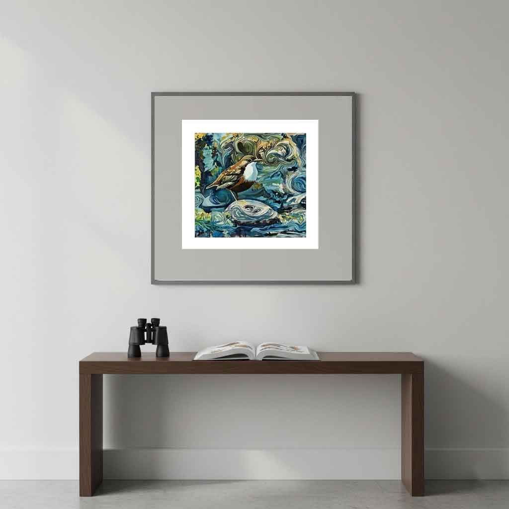 Painting of a dipper in a frame. By Northumberland Author MiE fielding