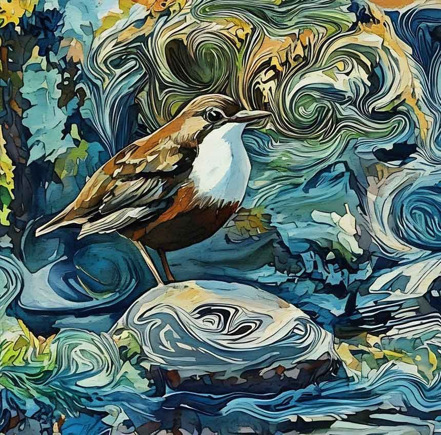 Painting of a dipper on a sparkling beck by MiE Fielding.
