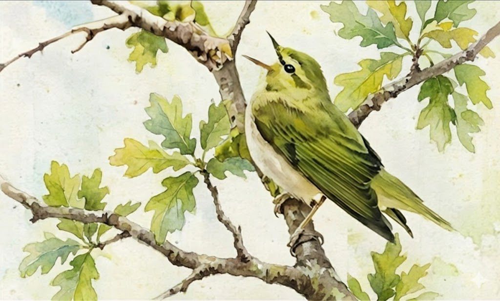 Wood warbler by MiE Fielding. From the book The Sound of a Landscape: The Lake district in Art, sound and Poetry.