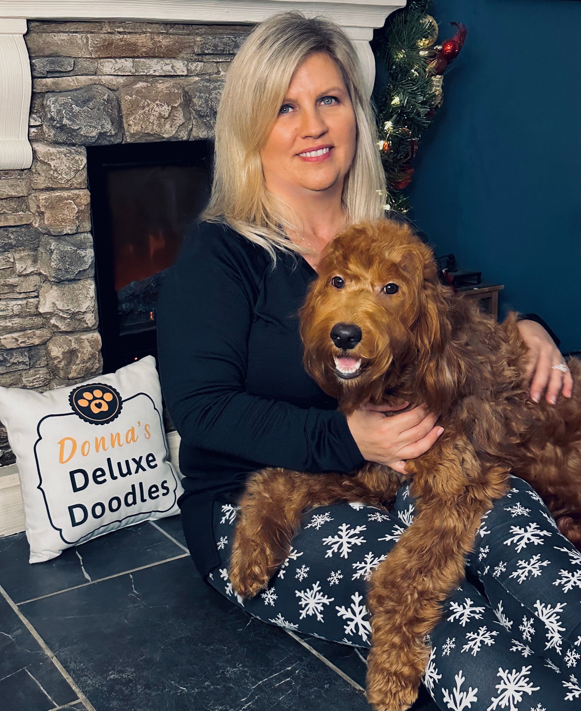 A woman is sitting on the floor holding a brown dog.