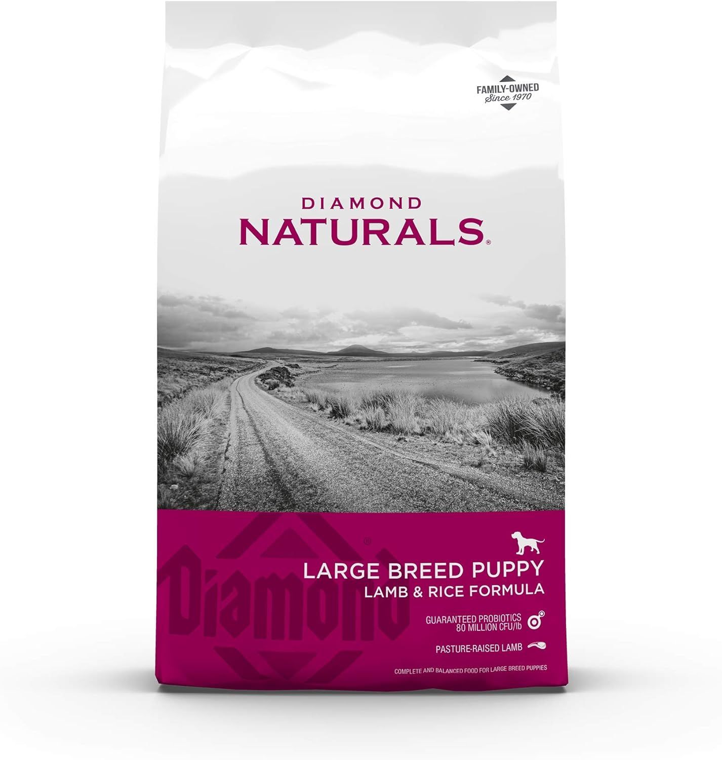 A bag of diamond naturals large breed puppy lamb & rice formula dog food.