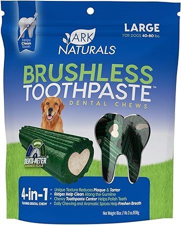 A bag of brushless toothpaste dental chews for large dogs.