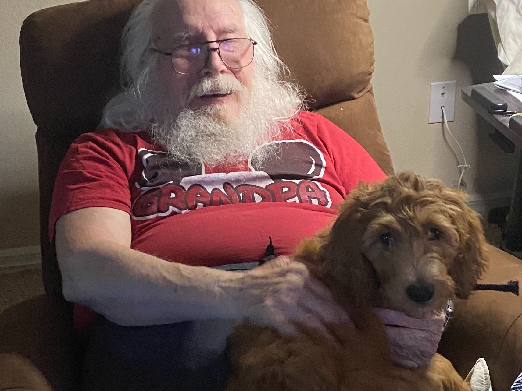 Grandpa with Standard goldendoodle puppy on his lap