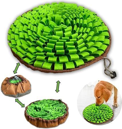 A dog is sniffing a green snuffle mat.