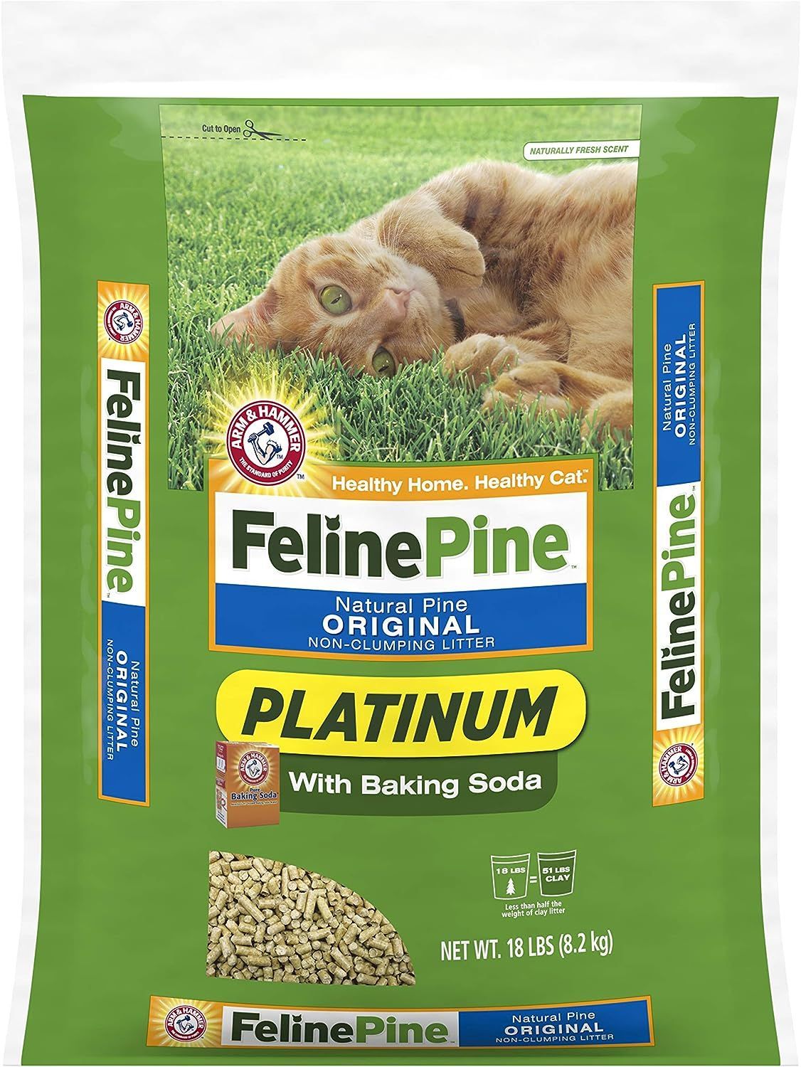 A bag of feline pine platinum cat litter with baking soda.