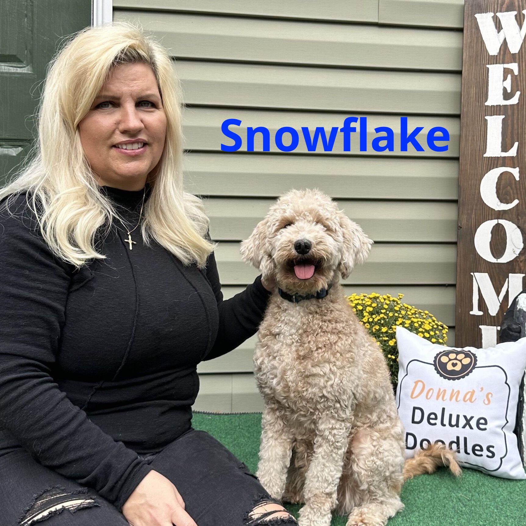 A woman is sitting next to a dog in front of a house.