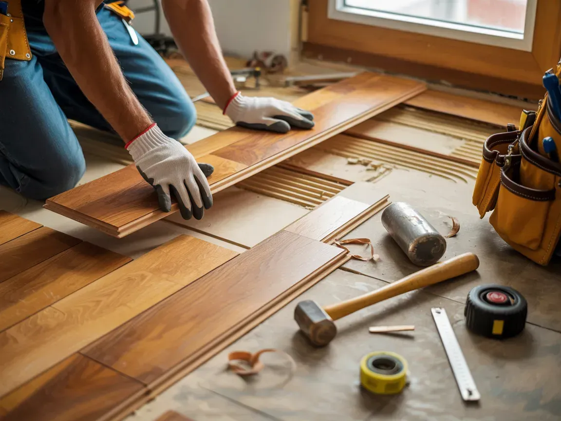 Person installing hardwood flooring, using tools: hammer, tape measure, and mallet, in a room with a window.