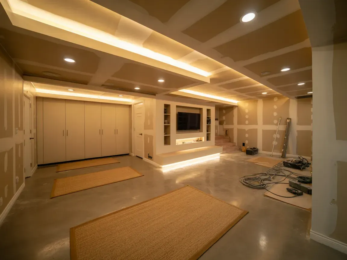Basement under construction, with recessed lighting, built-in media center, and concrete floor.