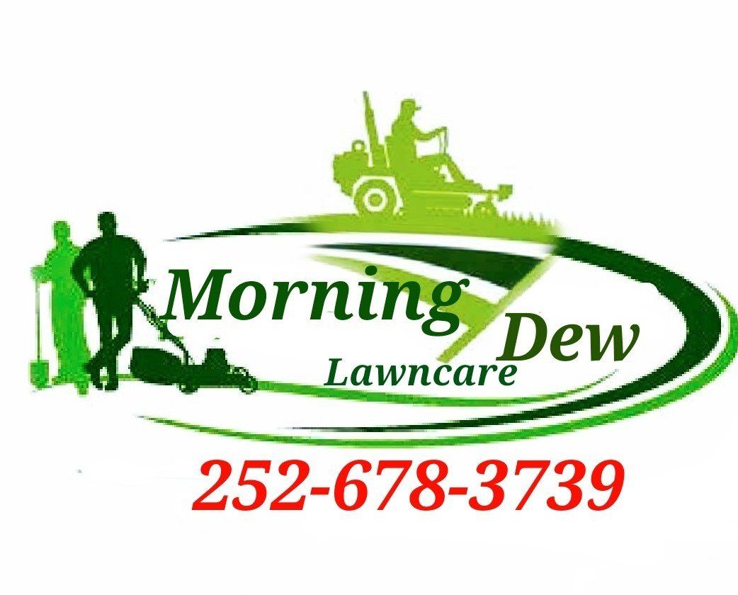 A logo for morning dew lawncare with a phone number