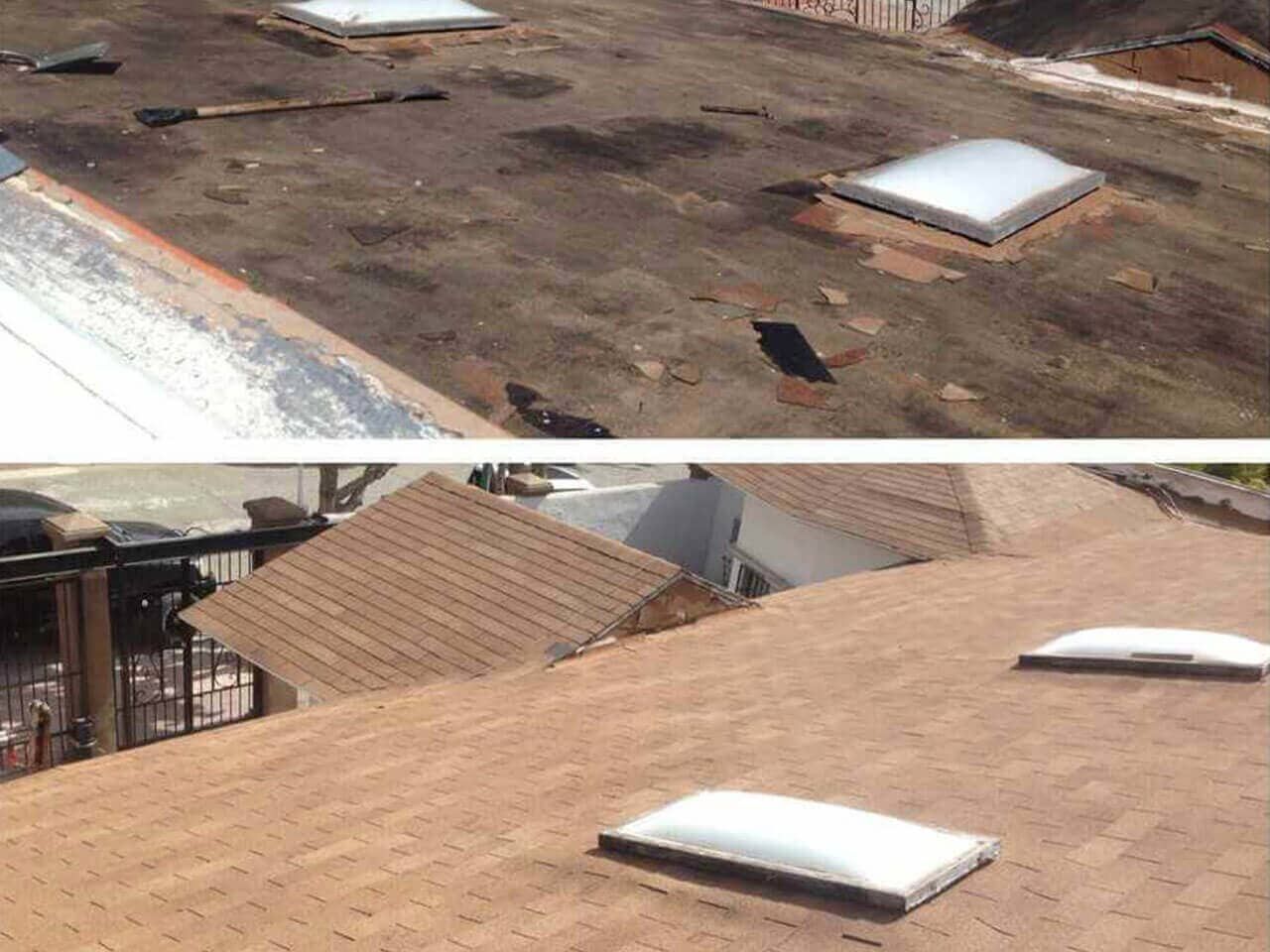 Antes y después de un techo plano; un techo oscuro y desgastado fue reemplazado por tejas marrones con tragaluces.