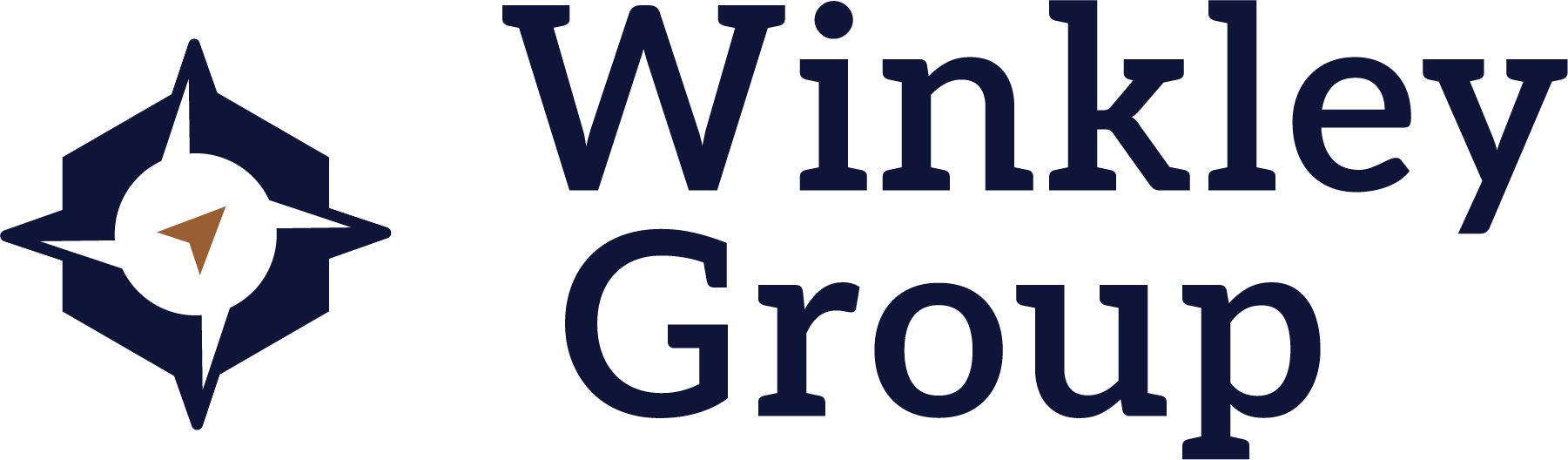 Logo for The Winkley Group. Features three houses in blue, grey, and brown with company name on a black background.