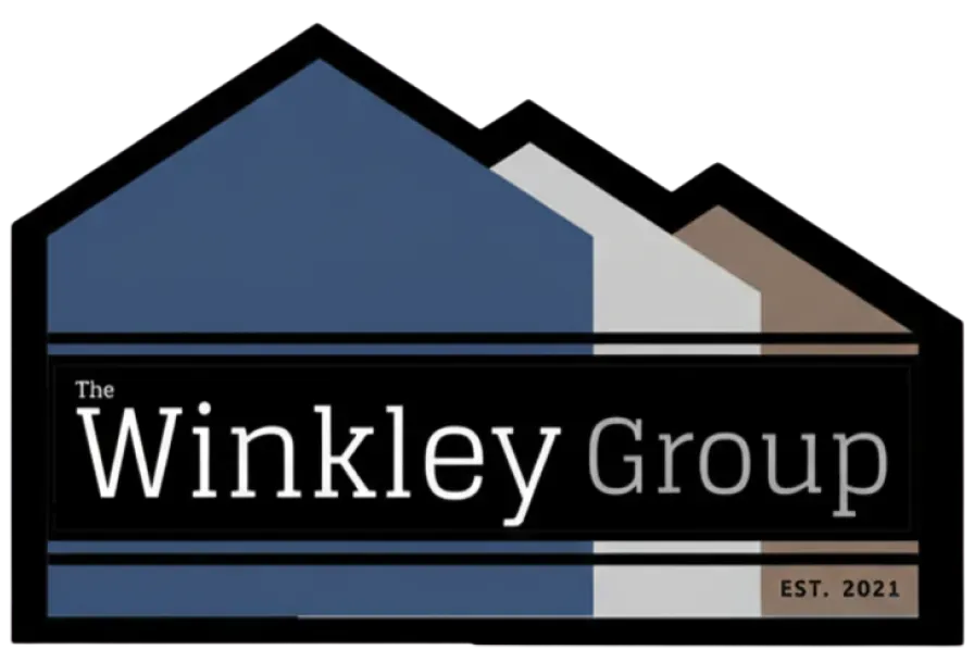 Logo for The Winkley Group. Features three houses in blue, grey, and brown with company name on a black background.