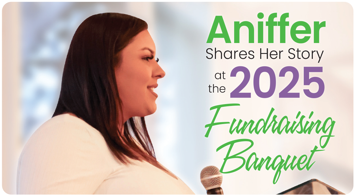 A woman is holding a microphone in front of a sign that says aniffer shares her story at the 2025 fundraising banquet
