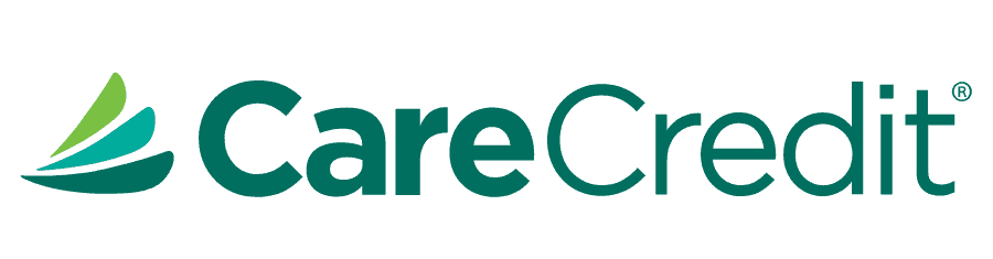 The logo for carecredit is green and white with a green leaf.