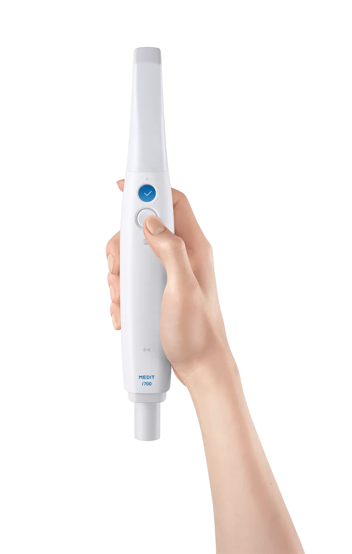 A person is holding a white device in their hand.