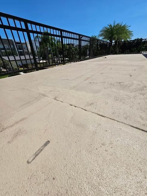 Concrete walkway with a black fence, palm trees, and a clear blue sky.