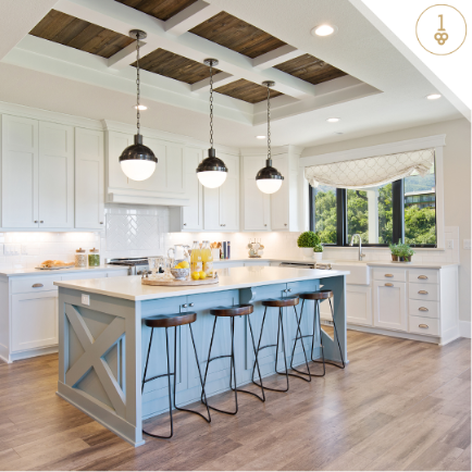 Bright kitchen with white cabinets and a center island