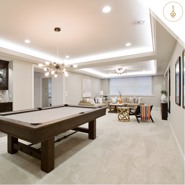 Fun room with pool table and seating area
