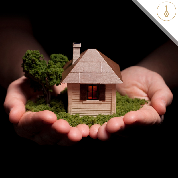 Miniature house with greenery surrounding it being held with hands