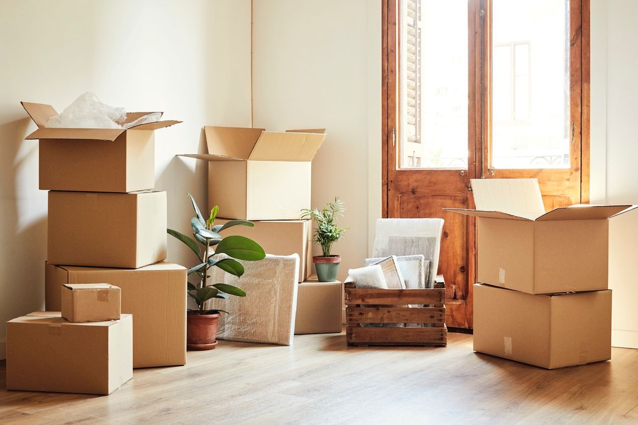 A room filled with lots of cardboard boxes and a wooden crate.