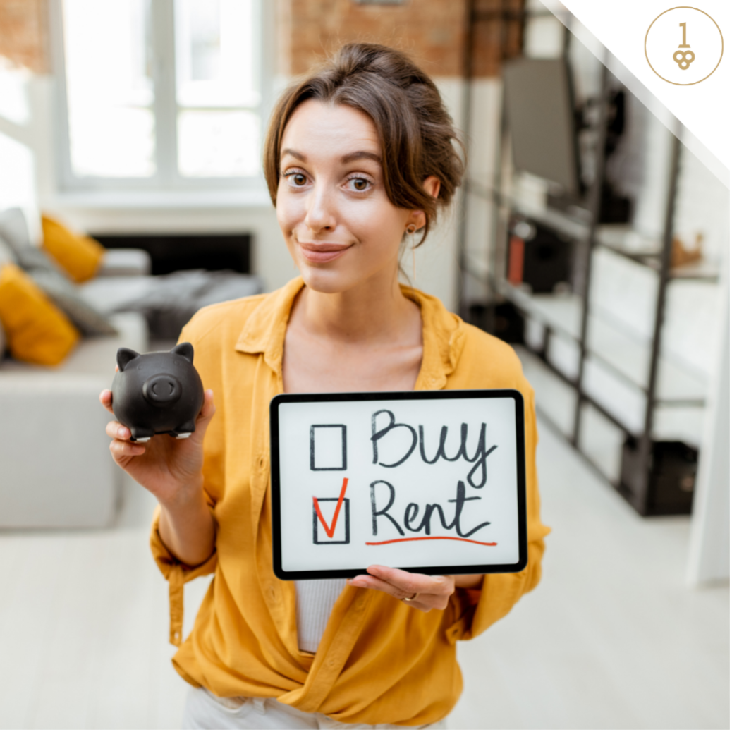 a woman is holding a piggy bank and a sign that says buy rent.