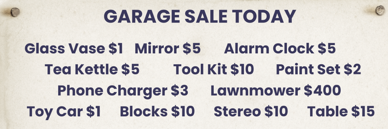 Garage sale today price list