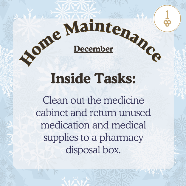 a poster that says home maintenance december inside tasks clean out the medicine cabinet return unused medication and medical supplies to a pharmacy disposal box
