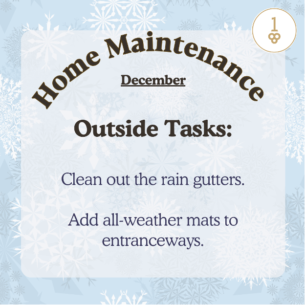 a sign that says home maintenance december outside tasks clean out the rain gutters add all-weather mats to entranceways