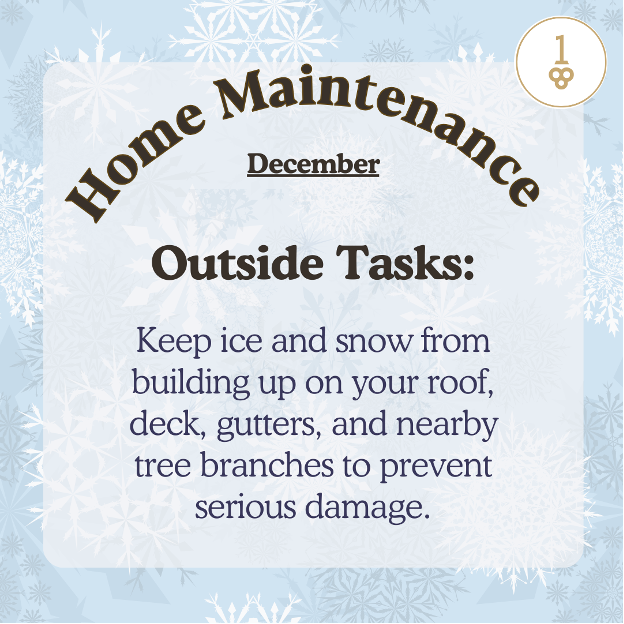a sign that says home maintenance december outside tasks keep ice and snow from building up on your roof deck gutters and nearby tree branches