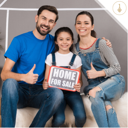 portrait of a young smiling family with thumbs up and home for sale sign