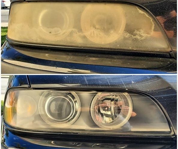 A before and after photo of a car 's headlights.