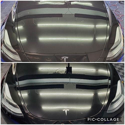 A before and after photo of a tesla model 3.