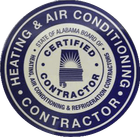 Alabama Certified HVAC Contractor Seal. Blue and white circular seal with text and state outline.