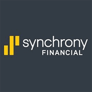 Synchrony Financial logo with yellow bars on a dark gray background. Text reads