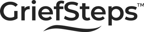 GriefSteps logo. Black text with the word 