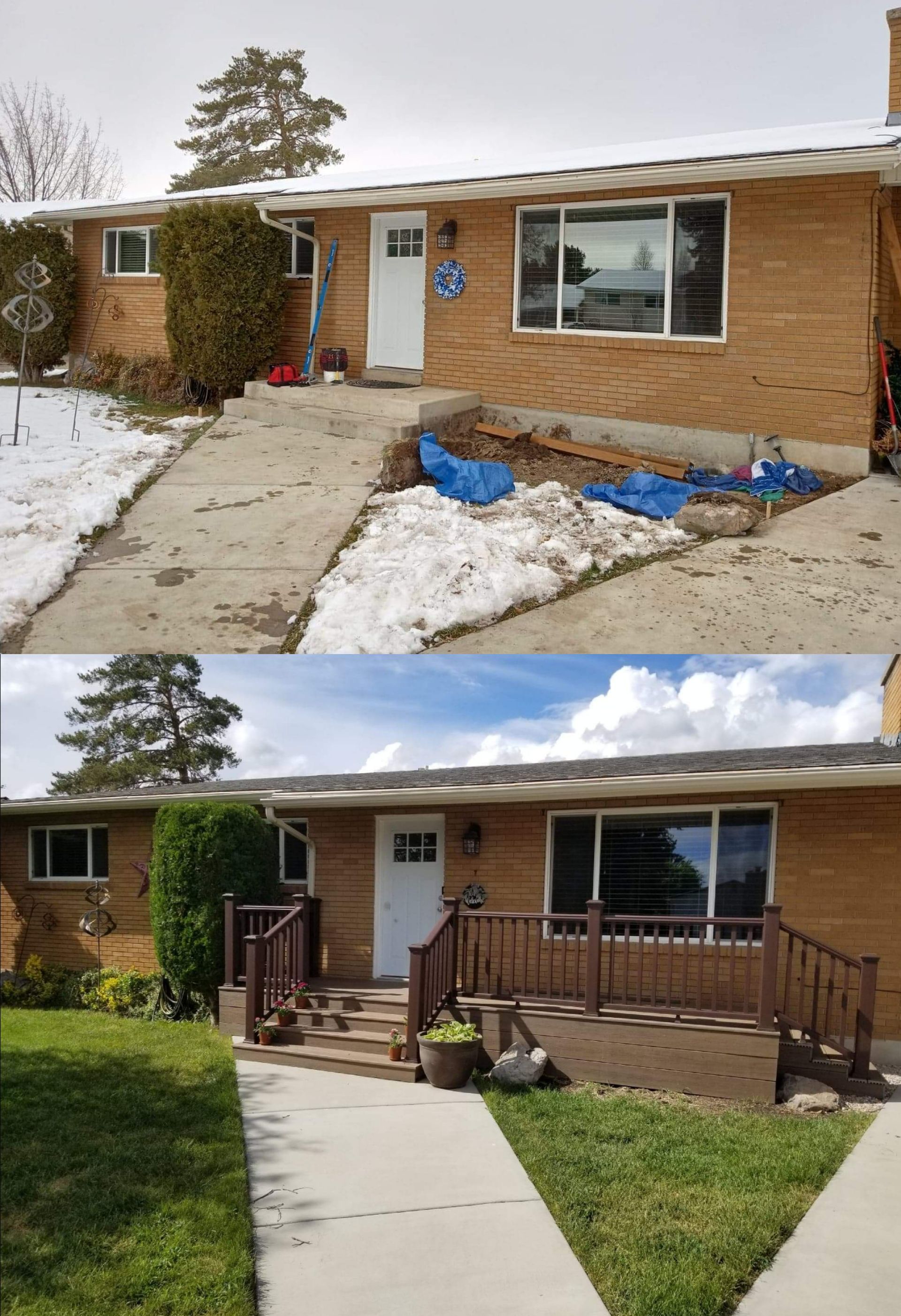 A before and after picture of a house with snow on the ground.