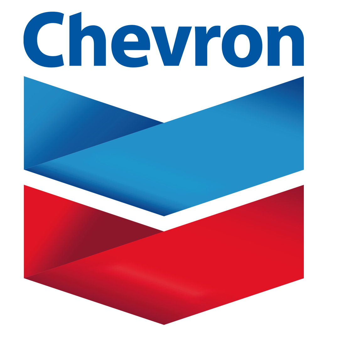 The chevron logo is a red , blue and white chevron arrow.