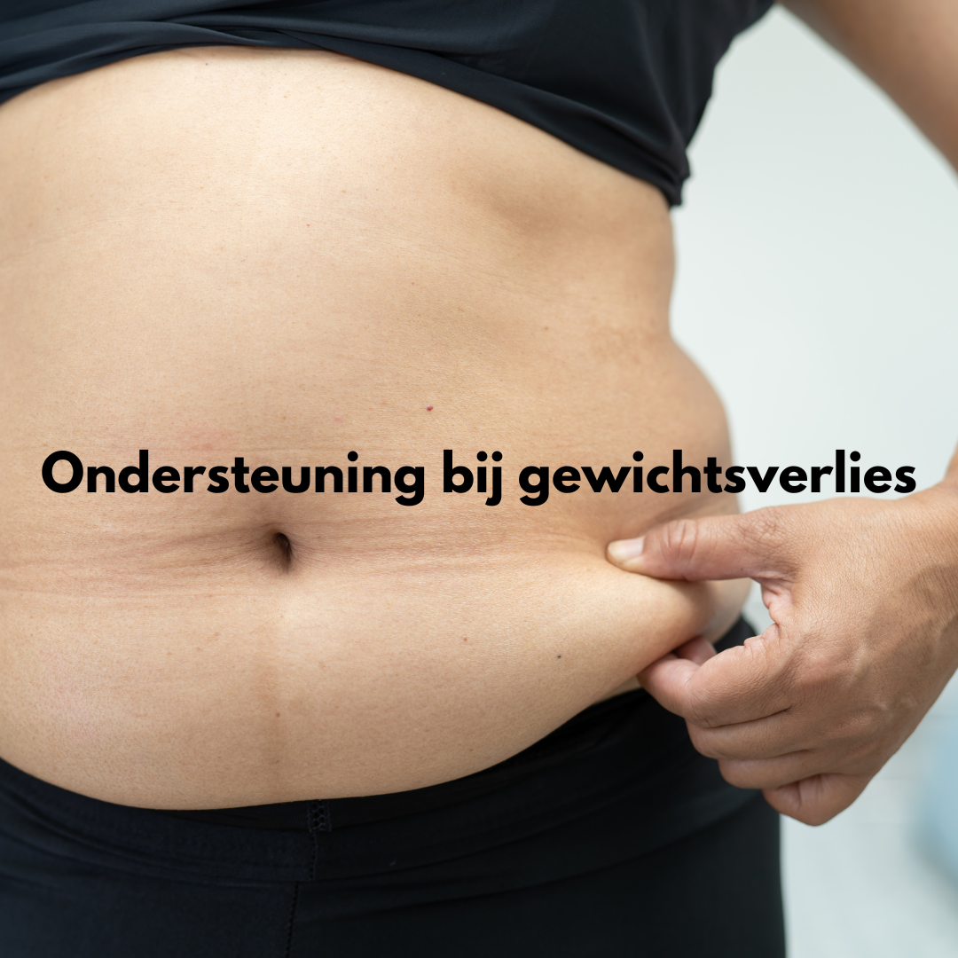 A woman 's stomach is shown with the words ondersteuning bij gewichtsverlies written on it