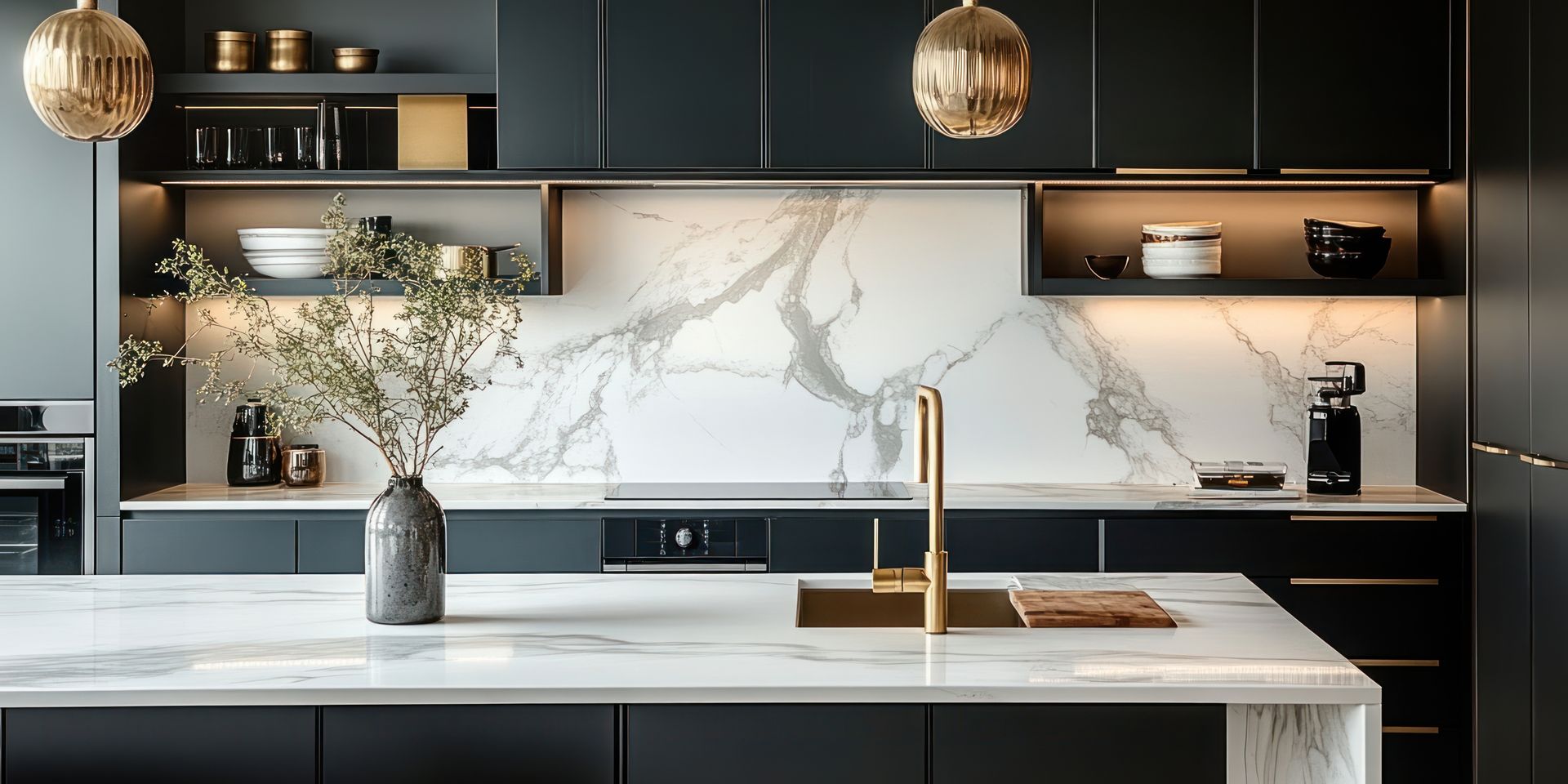 A kitchen with black cabinets and a marble counter top.