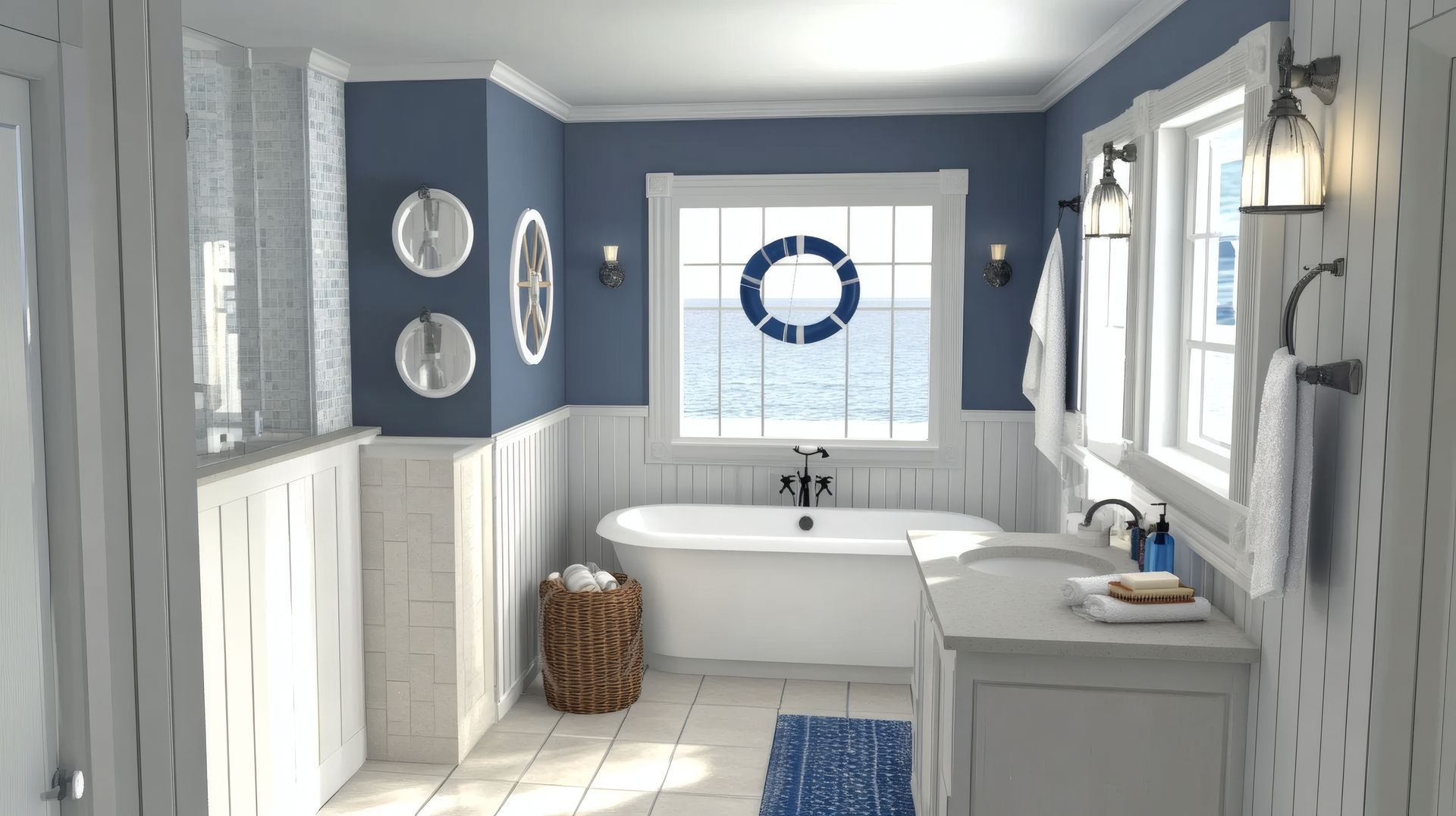 A bathroom with a tub , sink , and window with a life preserver on the window.