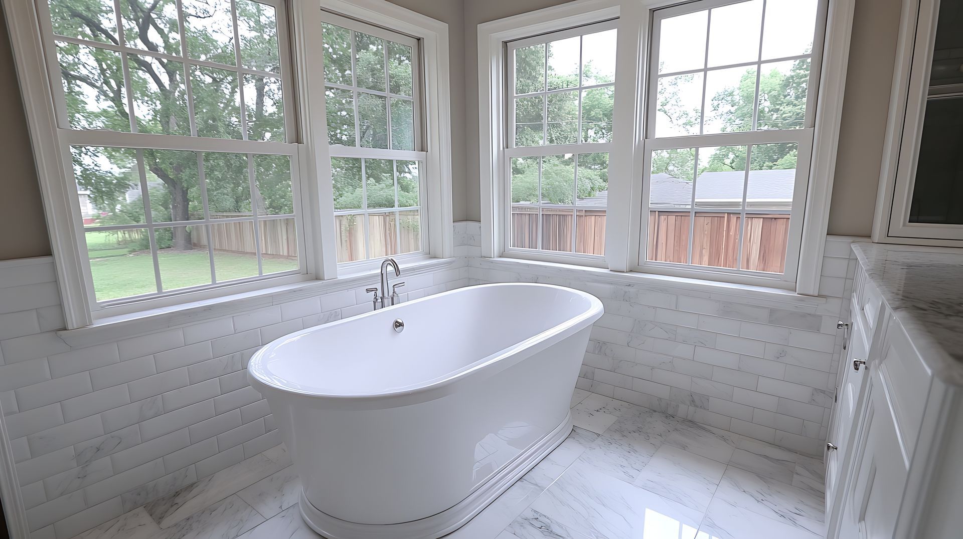 A bathroom with a bathtub and two windows.