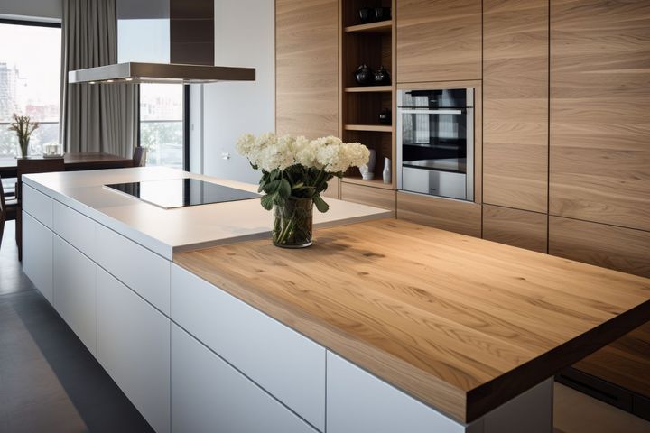 A kitchen with a wooden counter top and a vase of flowers on it.
