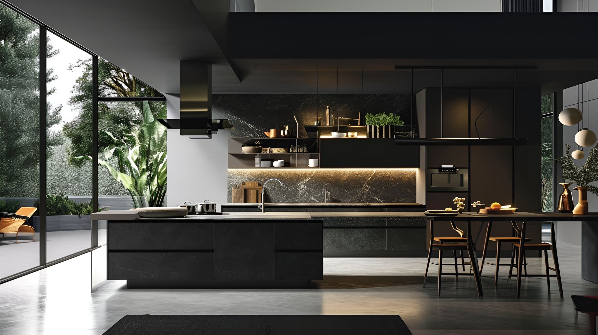 A modern kitchen with black cabinets and a large island.