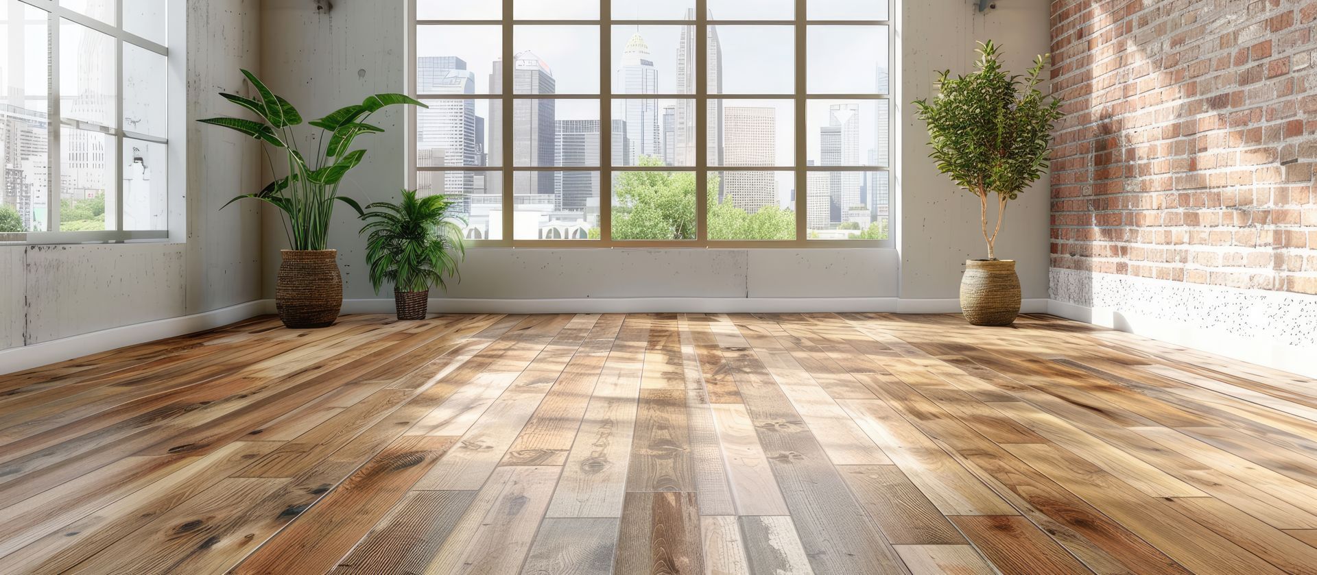 An empty room with a wooden floor and a large window.