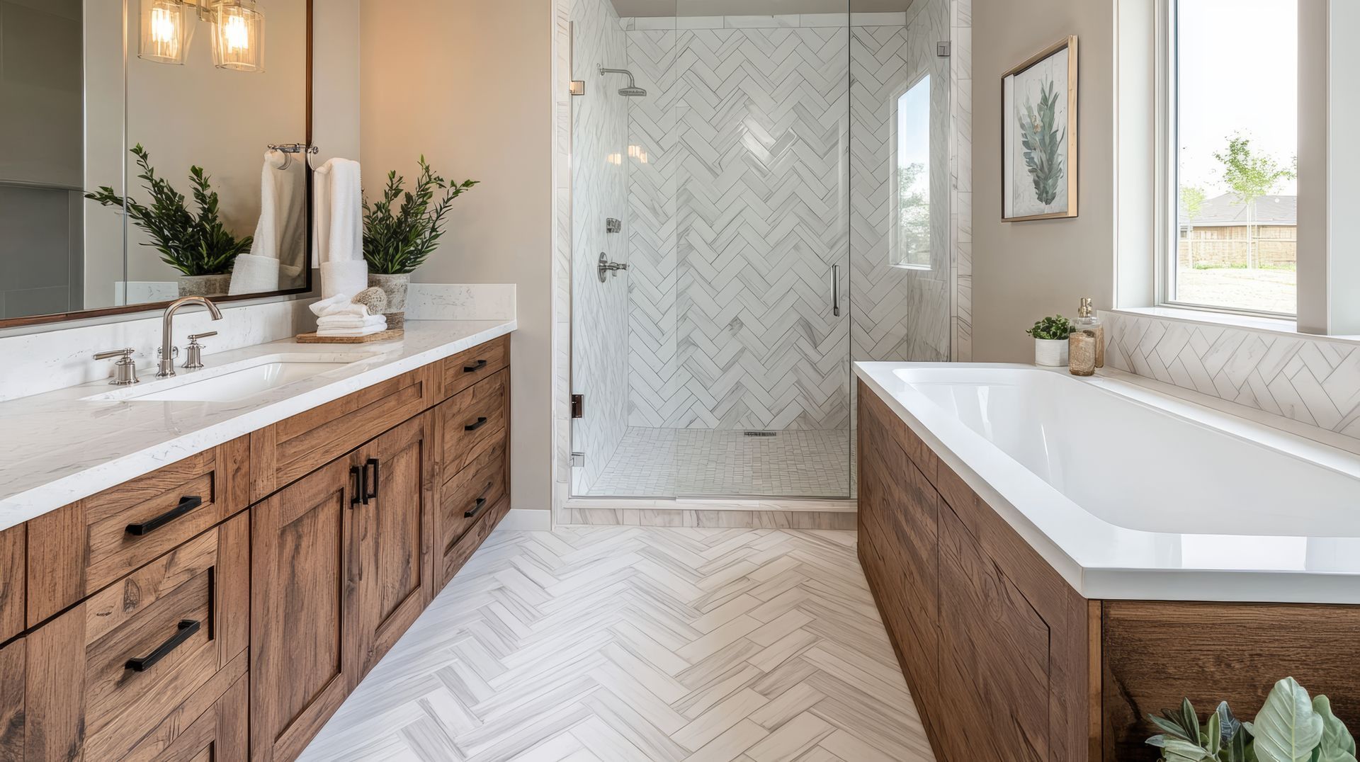 A bathroom with two sinks , a bathtub , and a walk in shower.