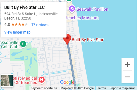 A google map showing the location of built by five star llc