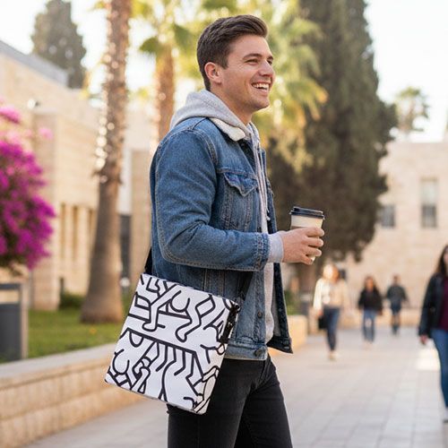 אדם מחייך בז'קט ג'ינס וקפוצ'ון אפור נושא תיק שליח עם דוגמאות בשחור-לבן, הולך בחוץ.